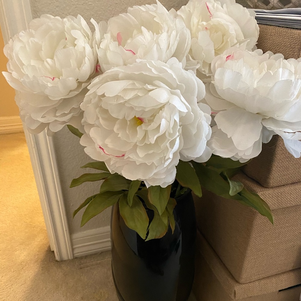 5 decorative white brushed pink Peonies NWT
